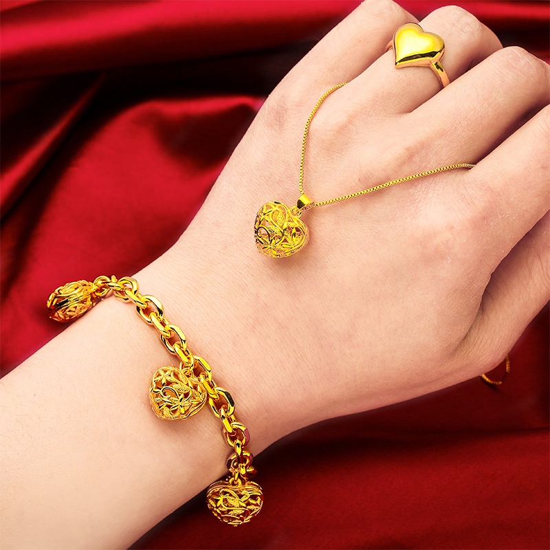 Goldkingdom Perhiasan Fashion 24 K Bangkok Aksesoris Tempat Cinta Gelang Kalung Cincin Berongga Hati Liontin Set
