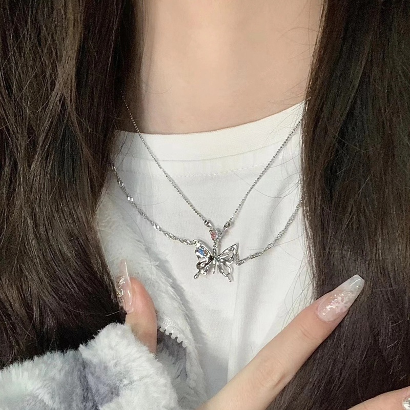 Kalung Liontin Kupu-Kupu Vintage Untuk Wanita Hip Hop Kpop Rantai Ganda Jantung Kalung Gadis Perhiasan