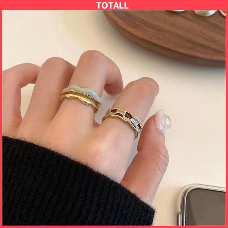 COD 3pcs Cincin Retro Wanita Emas Papan Catur Kotak-kotak yang dapat disesuaikan-Totall