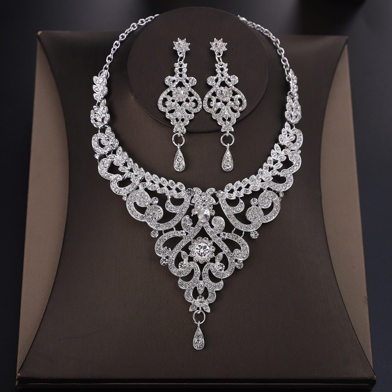 Set Anting Kalung Kristal Lapis Perak Pengantin Aksesoris Gaun Pengantin Perhiasan Acara Malam