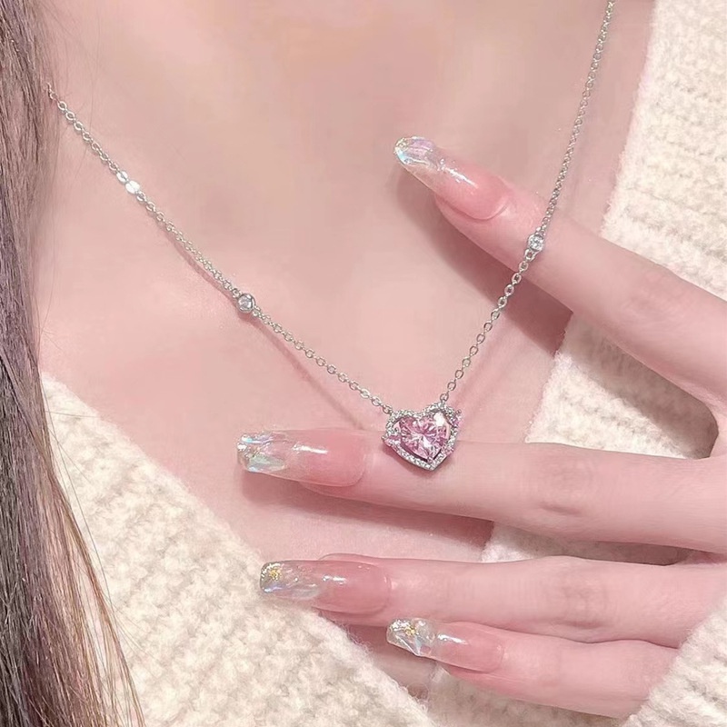 Y2k Crystal Necklace Pink Diamond Kalung Liontin Aesthetic Untuk Wanita Aksesoris Perhiasan