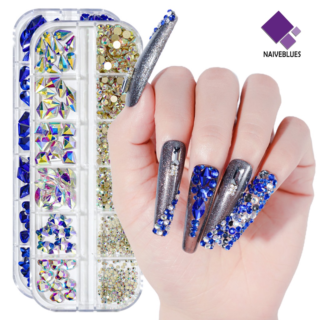 [naiveblues] 12grids/box Nail Art Berlian Imitasi Datar Kembali Non-Drop Ringan Warna-Warni AB Kuku Glitter Dekorasi