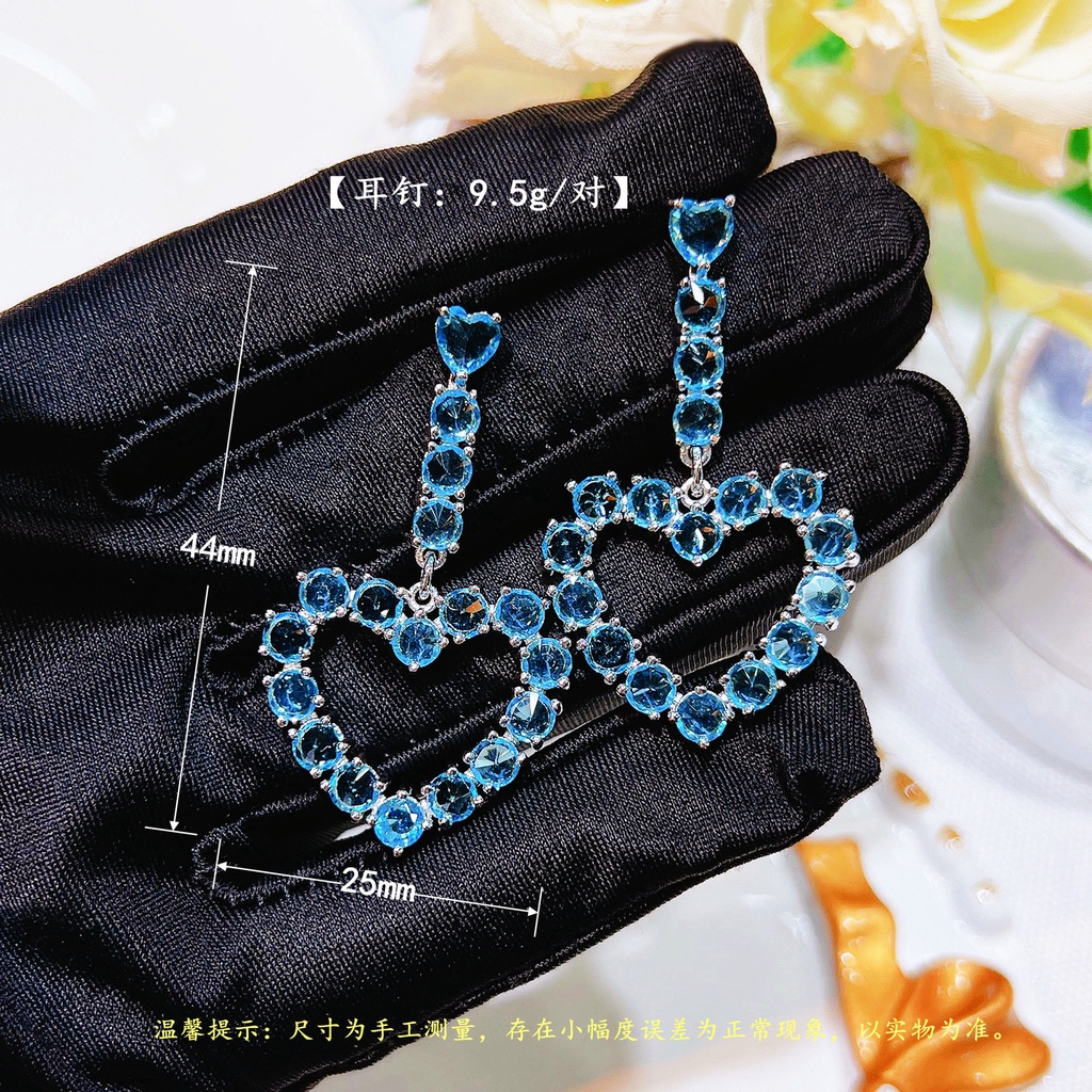 Goldkingdom Aksesoris Perhiasan Fashion Ready Stock Cahaya Mewah Anting Berbentuk Hati, Jus Biru Bertatahkan Anting Hati, Berlian Merah Muda Lucu Anting Hati Merah Muda