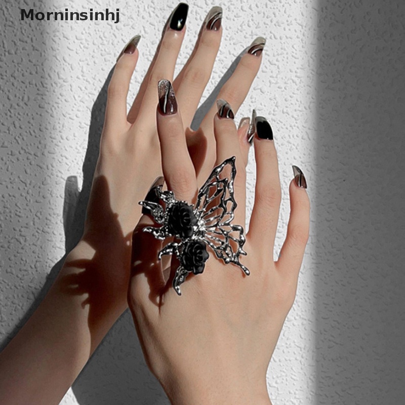 Mornin Vintage Punk Metal Black Rose Liquid Butterfly Opening Ring Untuk Wanita Berlebihan Cincin Hewan Yang Dapat Disesuaikan Aesthetic Perhiasan Hadiah id