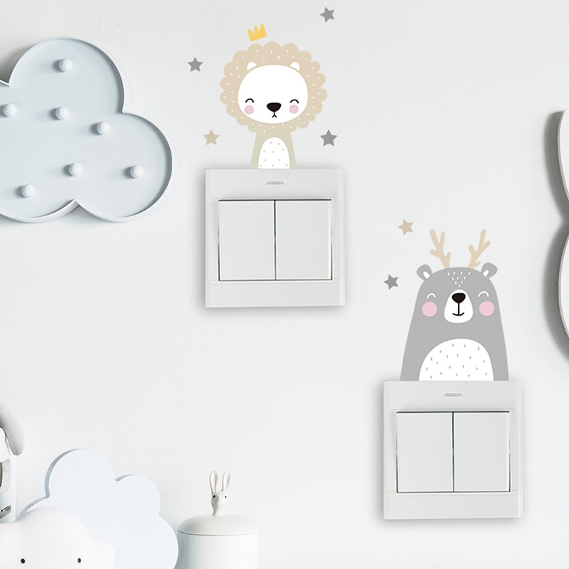 [Harga Grosir] Kartun Lucu Singa Gajah Kelinci Hewan Saklar Stiker Dinding/Self-adhesive Power Socket Paster/Kamar Bayi DIY Art Wall Decals