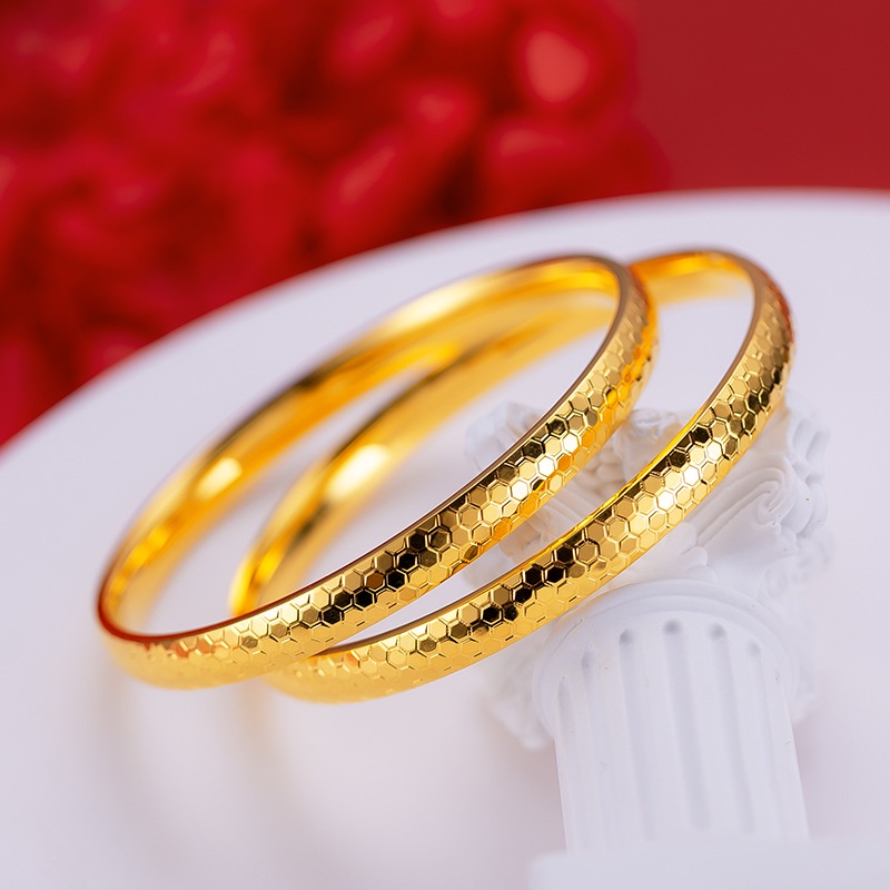 Goldkingdom Aksesoris Perhiasan Fashion Ready Stock Gelang Sarang Lebah Berlapis Emas Wanita Datar Bulat Padat Gelang