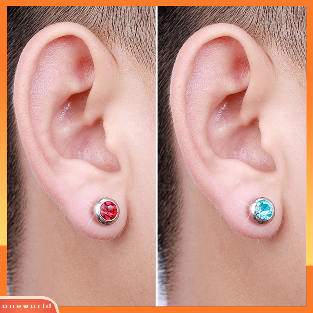 [EONE] 1pasang Ear Studs Non-Piercing ic Stainless Steel Bulat Berwarna Berlian Imitasi Tertanam Pria Wanita Anting-Anting Fashion Perhiasan