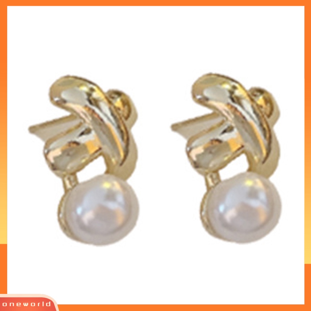 [EONE] 1pasang Ear Studs Electroplating Golden Cross X Shape Geometris Elegan Mini High Gloss Mutiara Imitasi Wanita Anting Fashion Perhiasan