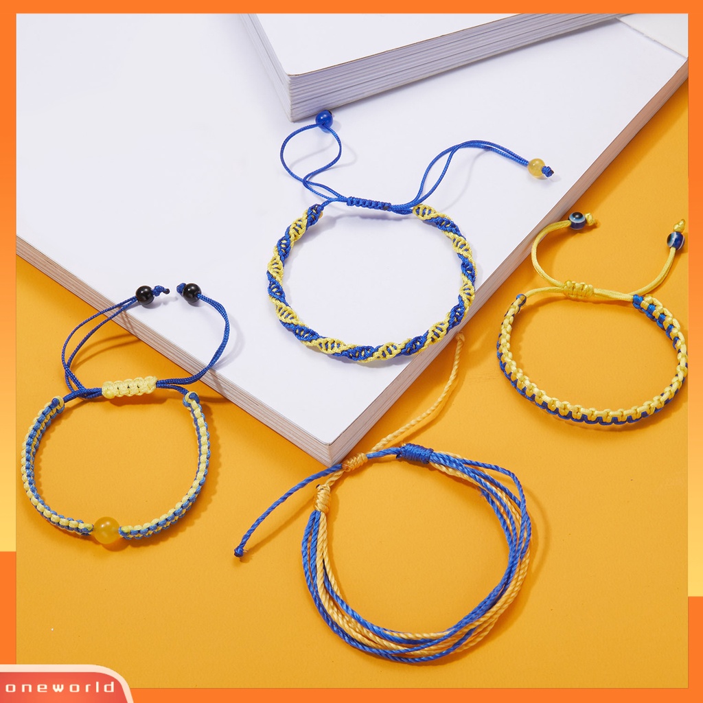 [EONE] Tenun Tangan Tali Kuat Dikepang Gelang Tahan Aus Gaya Etnik Biru Kuning Patchwork Adjustable Gelang Perhiasan Aksesoris