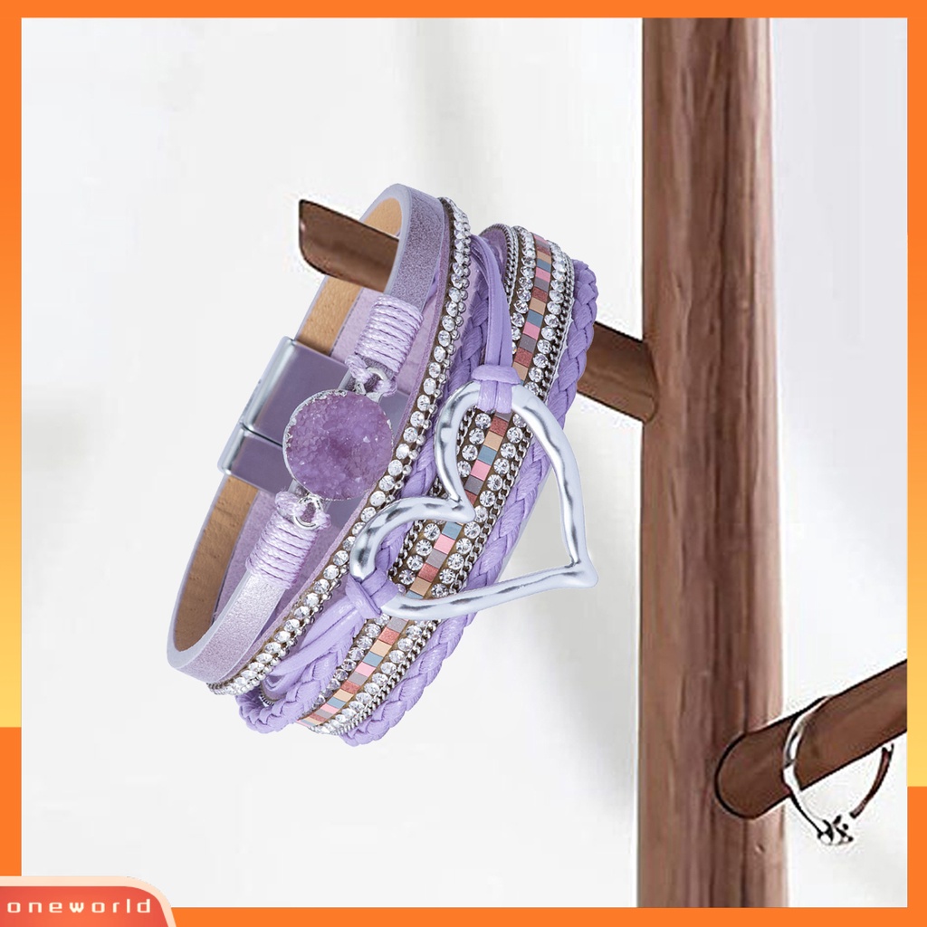 [EONE] Wanita Gelang Kulit Imitasi Cinta Hati Pesona Multi-layer Bohemia Resin Batu Hadiah Dikepang Punk Gadis Cuff Bangle Fashion Perhiasan