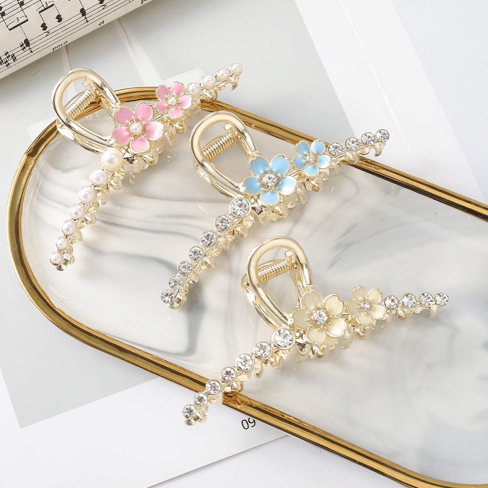 Klip Rambut Bunga Logam Mode Mutiara Berlian Imitasi Jepit Rambut Hair Claw Woman Hair Accessories