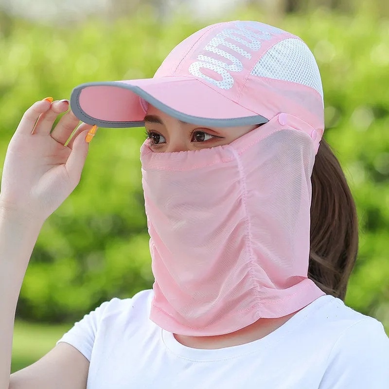 WE Topi Matahari Wanita Dengan Penutup Wajah Dan Leher Model Lipat Untuk Outdoor Topi Visor Topi Cadar Topi Pantai