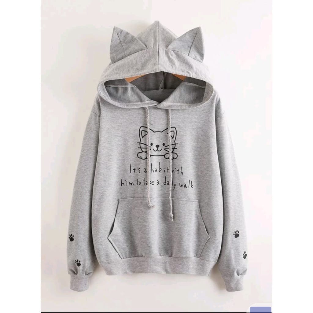 Cat Bear Hoodie Outerwear Sweater Wanita Oblong Crowneck Matt Fleece Tebal Premium Casual Daily