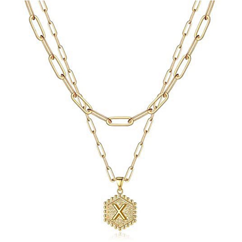 26huruf Double Layer Rantai Klavikula Wanita Huruf Liontin Emas Eropa Dan Amerika Geometris Kalung