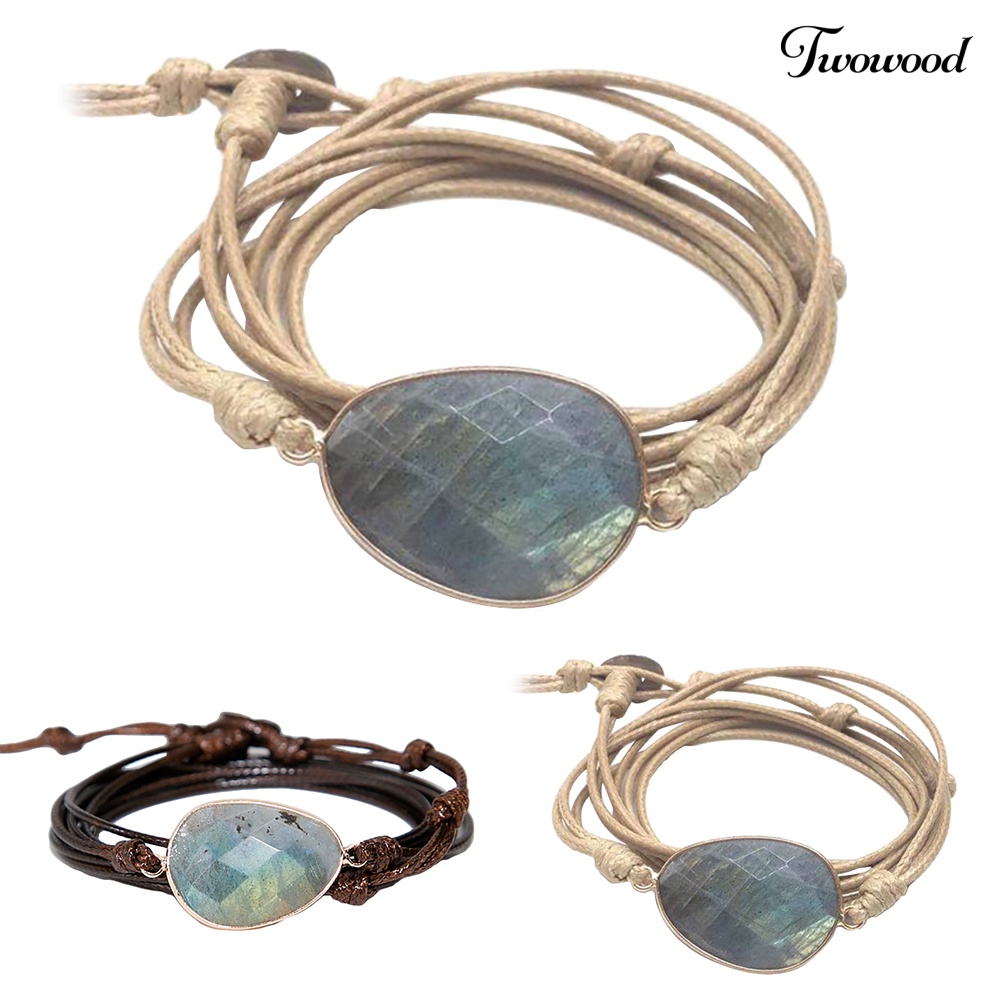 Twowood Boho Unisex Multi Layer Simpul Tali Lilin Labradorite Stone Charm Handmade Gelang