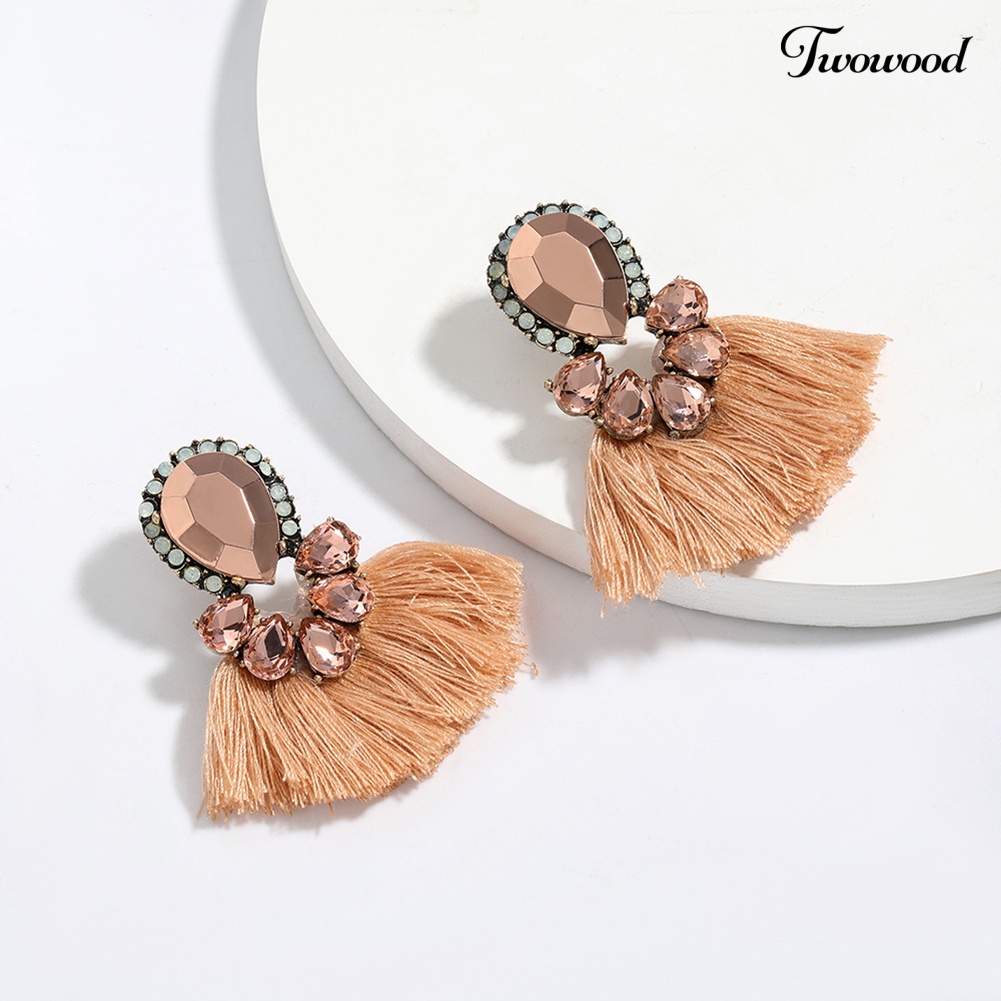 Twowood Wanita Berlebihan Tetesan Air Berlian Imitasi Bentuk Kipas Rumbai Stud Earrings Jewelry