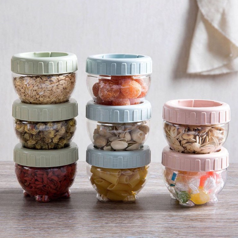 Makanan Ringan Sealed Storage Jar Mini Plastik High Quality Serbaguna Stackable Bulat Portable Travelling Food Sealed Canister Kotak Sortir Makanan Portabel Toples Penyimpanan Permen Kacang Kering