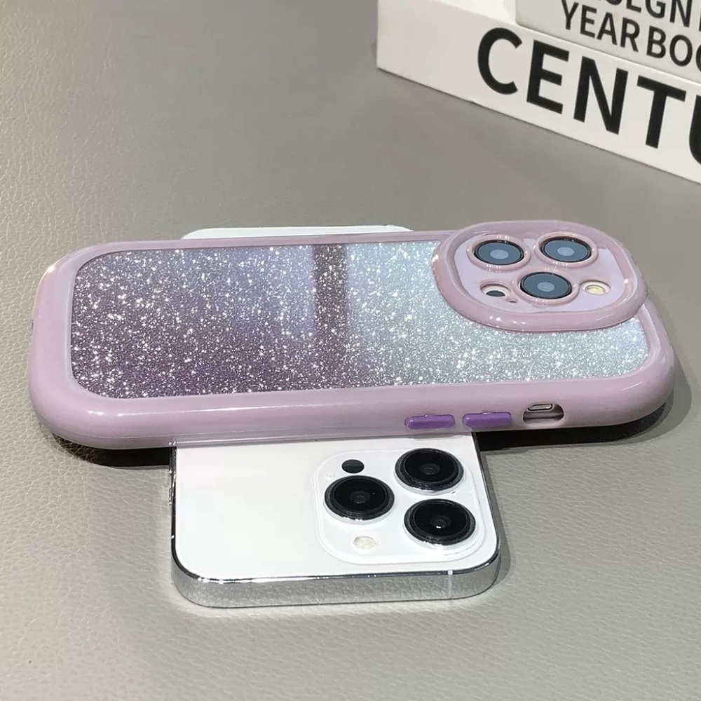 Casing Ponsel Bingkai Oval Glitter Ungu Muda Untuk iPhone 14 Pro 13 12 11 Pro Max Warna Permen Shockproof Bumper Penutup Belakang