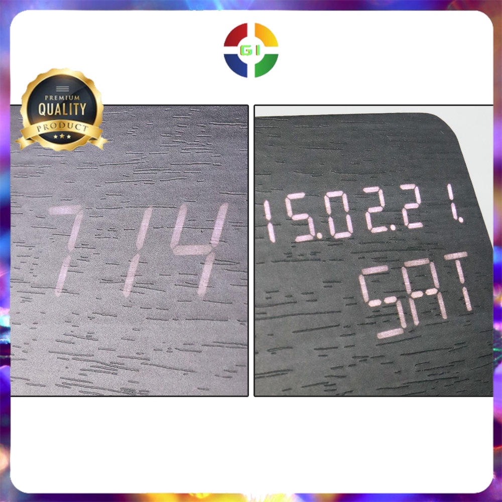 Jam Weker Alarm Motif Kayu Digital Voice Control Black White