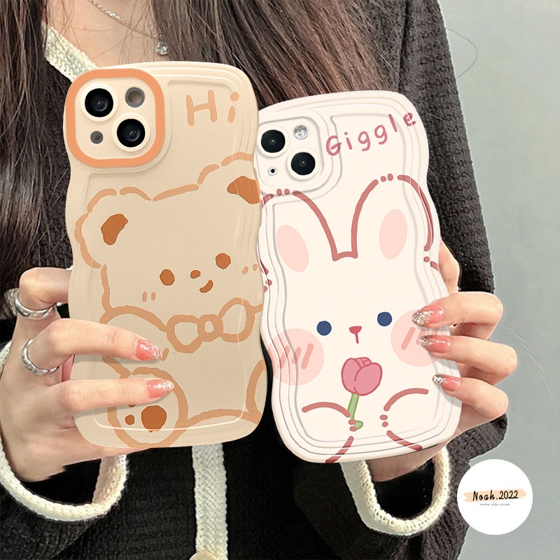 Case OPPO A17 A12 A78 A5 A9 A17K A15 A55 A16K A54s A95 A58 A57 A16 A3s A96 A5s A74 A16s A54 A76 A52 A7 A1k A53 Reno 8T 7 6 A77s A77 Kartun Beruang Kelinci Lucu Lembut Bergelombang Sarung Tepi