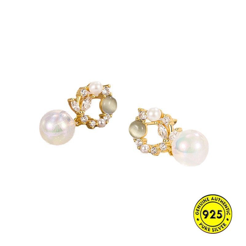 Anting Mutiara Shell Pita Hias Warna Emas 18K Zirkon Garland U1804