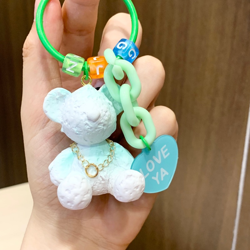 Rendering Gradient Bear Kreatif Resin Gradient Keychain Keren Permen Warna Beruang Hewan Mobil Tali Kulit Gantungan Kunci Gadis Cowok Ransel Liontin Hadiah Surat