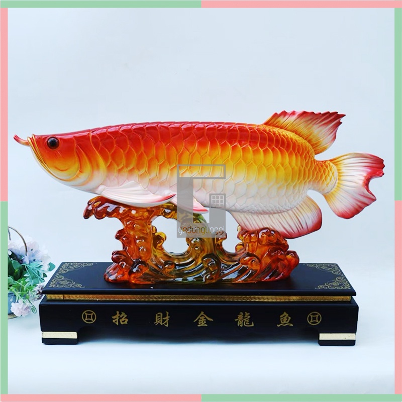 Patung Pajangan Hiasan Ikan Arwana Arowana Golden Silver Red Supered Gold Albino Kuning Hb Pino Blue Base Bluebase Mata Merah Jardini Jardin Crossback Brazil Banjar Hadiah Kado Fengshui Fengsui Feng Shui Rejeki Hoki Meja Kantor Batu Resin Baby Besar Jumbo