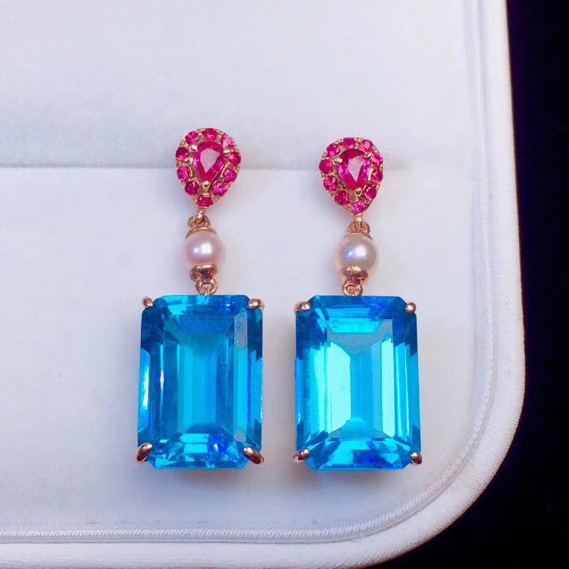 Goldkingdom Fashion Perhiasan Aksesoris Ready Stock Bertatahkan Dengan Alami Swiss Topa Biru Putri Persegi Berlian Anting Merah Korundum Earrings.