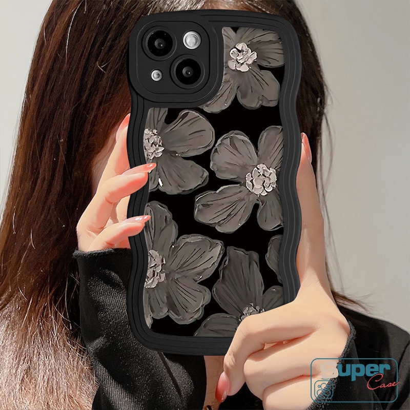 Fashion Art Fresh Flower Soft Tpu Wavy Edge Case Kompatibel Untuk iPhone XR 7Plus 11 Pro Max X XS Max 13 14 12 Pro Max7 8 6s 14 6 Plus SE 2020 Hitam Ungu Cat Minyak Floral Cover