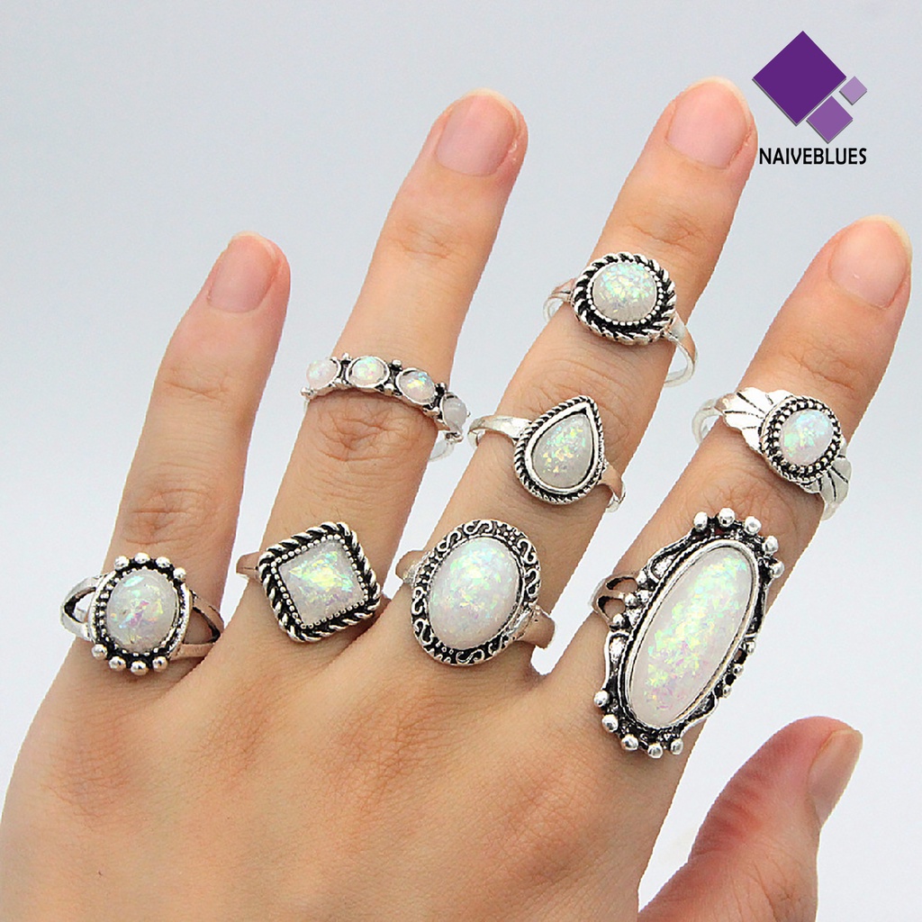 &lt; Naiveblues &gt; 8Pcs/Set Cincin Buku Jari Dapat Ditumpuk Persegi Warna Silver Gaya Etnik Permata Jari Perhiasan Aksesori