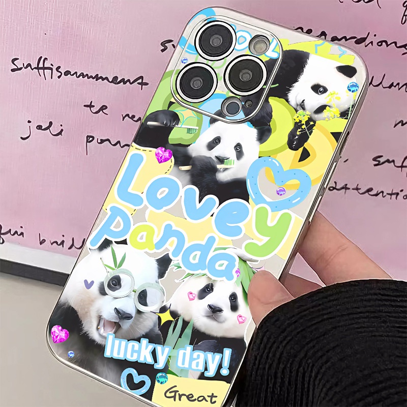 IPHONE Soft Electroplate Case Kompatibel Untuk Iphone14 13 12 11 Pro XS Max Panda Lucu Kupon Casing XR X8 +7 6S Plus Mini TPU Silikon Shockproof Phone Cover