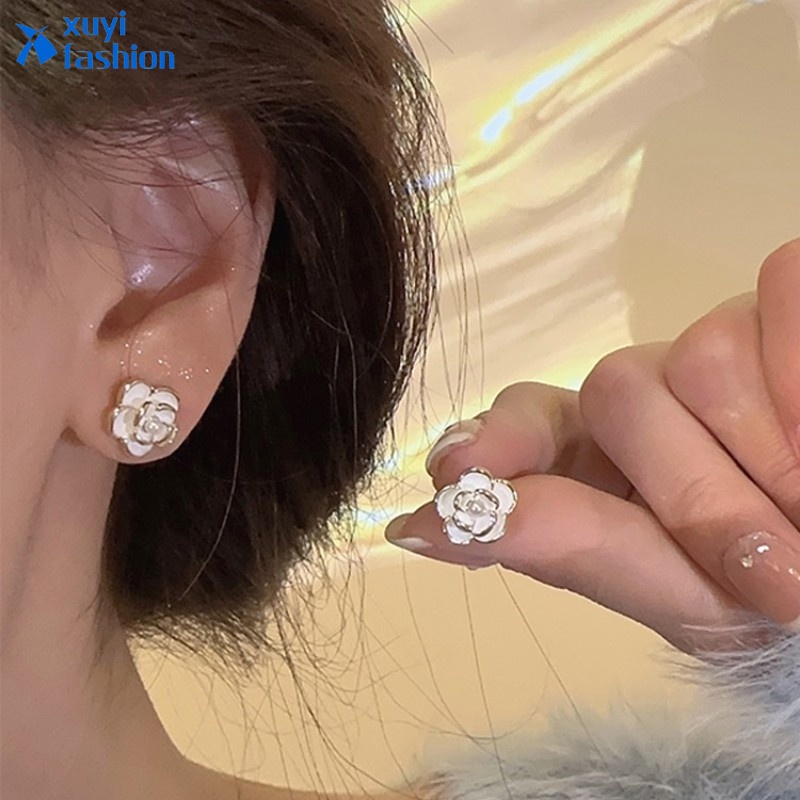 Camellia Pearl Earring Anting Kelopak Zircon Putih Untuk Wanita Aksesoris Perhiasan Retro