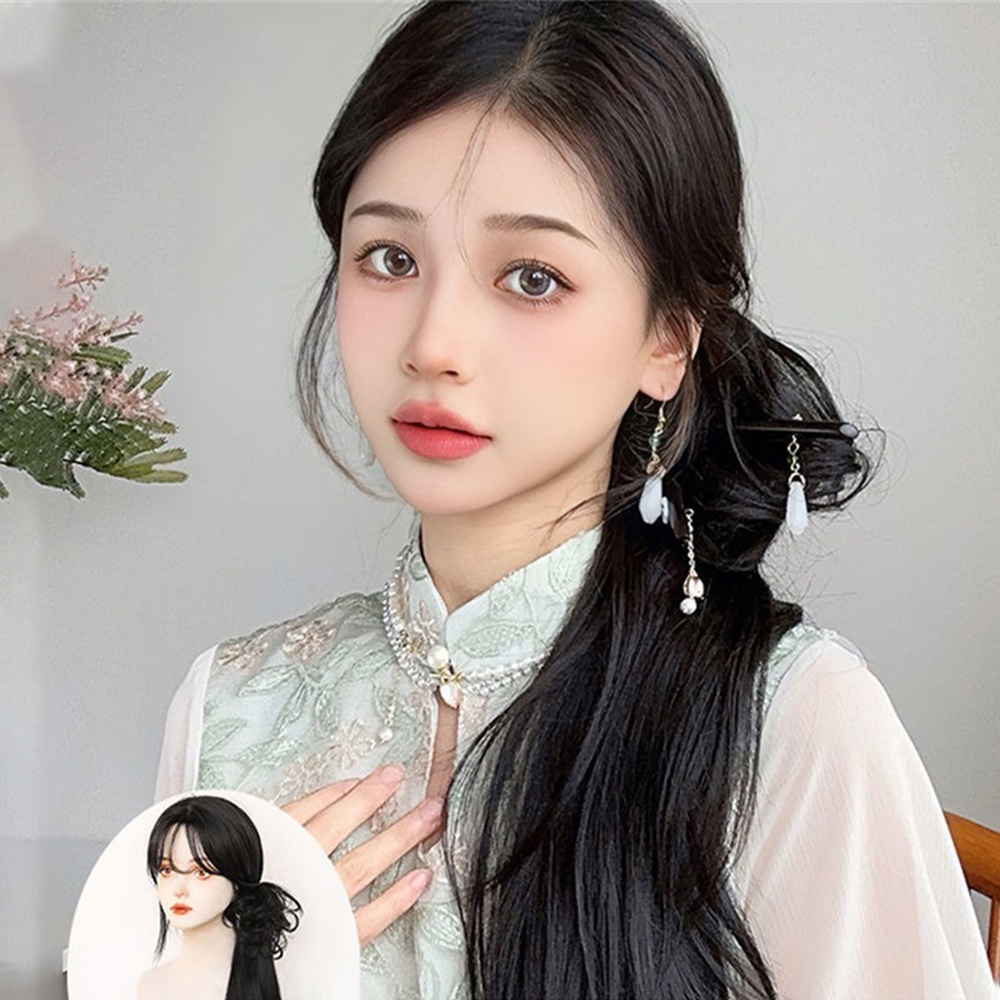 Wig Ponytail Wanita Gadis Gaya China Dengan Klip Menggenggam Simulasi Alami Ekstensi Rambut 43cm