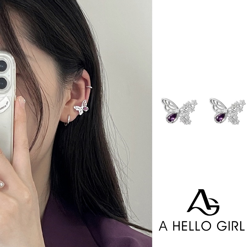 Ahellogirl Anting Kupu-Kupu Wanita Desain Niche Mewah Ringan High-end Anting Berlian Berkilau Kepribadian Temperamen Sederhana Angin Dingin Aksesoris Telinga