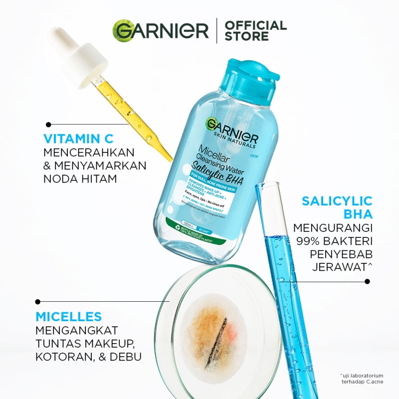 Garnier Micellar Cleansing Water Salicylic Blue Skin Care 125ml (Pembersih Wajah Untuk Kulit Berminyak Rentan Berjerawat dengan Salicylic Acid) - Make Up Remover Image 3