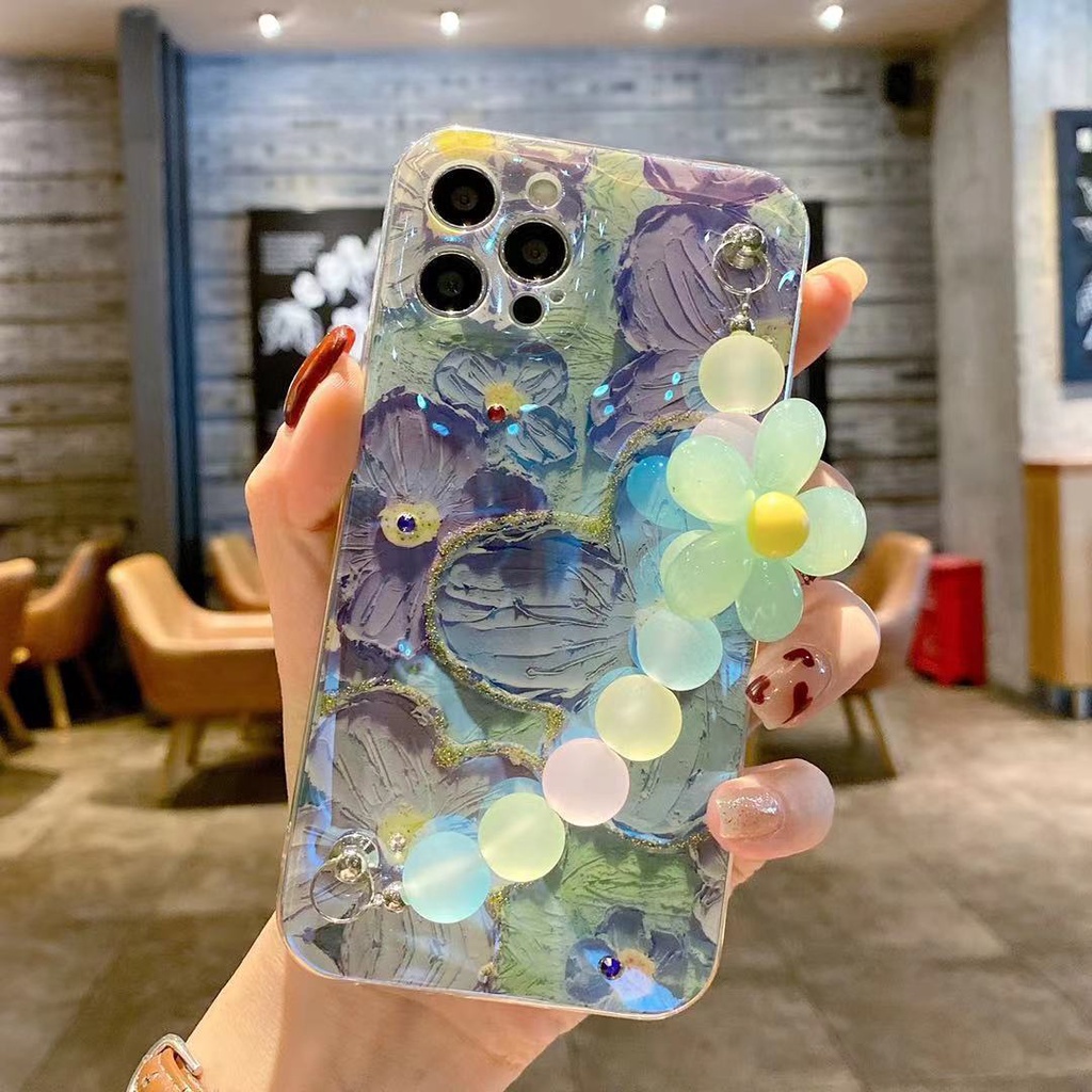 IPHONE Lukisan Minyak Berlian Cahaya Biru Desain Rantai Bunga Ungu Casing Ponsel Kompatibel Dengan Iphone12 11 Pro Max X Xs Max Xr bgvgb