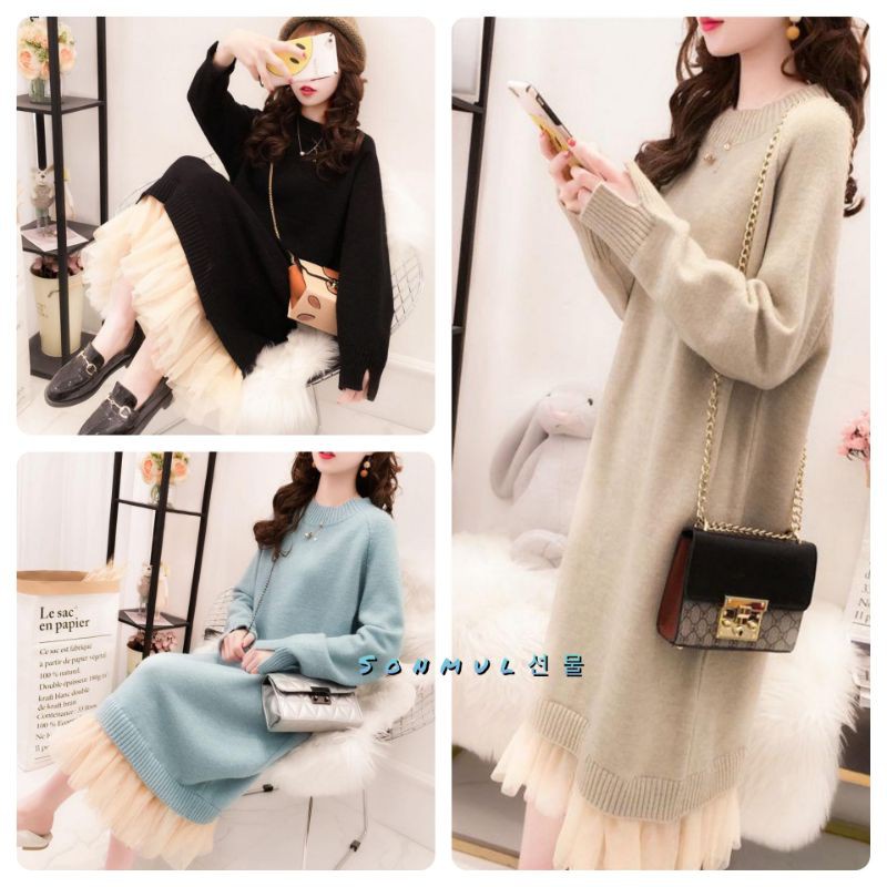 IMPORT WOMAN KNIT AMELIA WINTER AUTUMN THERMAL DRESS RAJUT WANITA MUSIM DINGIN KOREAN STYLE