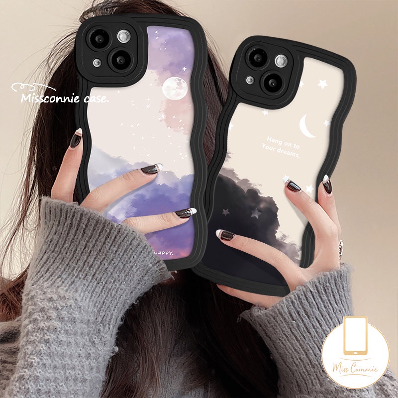 IPHONE Fantasy Casing Ponsel Bulan Bintang Langit Berbintang Kompatibel Untuk Iphone11 13 14 12 Pro Max8 6 6s 714 Plus 8Plus XR 7Plus XS Max X SE 2020 Pasangan Tepi Bergelombang Lembut TPU Cover