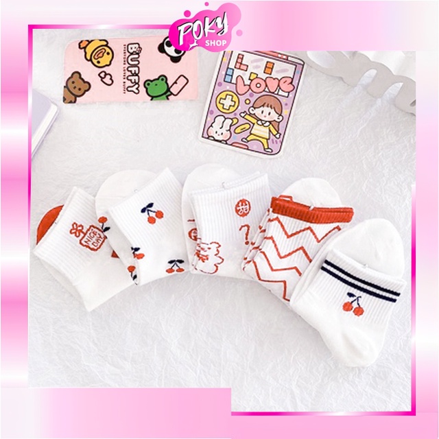 POKY - D2035 Kaos Kaki Semata Kaki / Kaos Kaki Pendek Fashion Korea / Kaos Kaki Wanita Motif Cherry Merah K5702 / Kaos Kaki Wanita