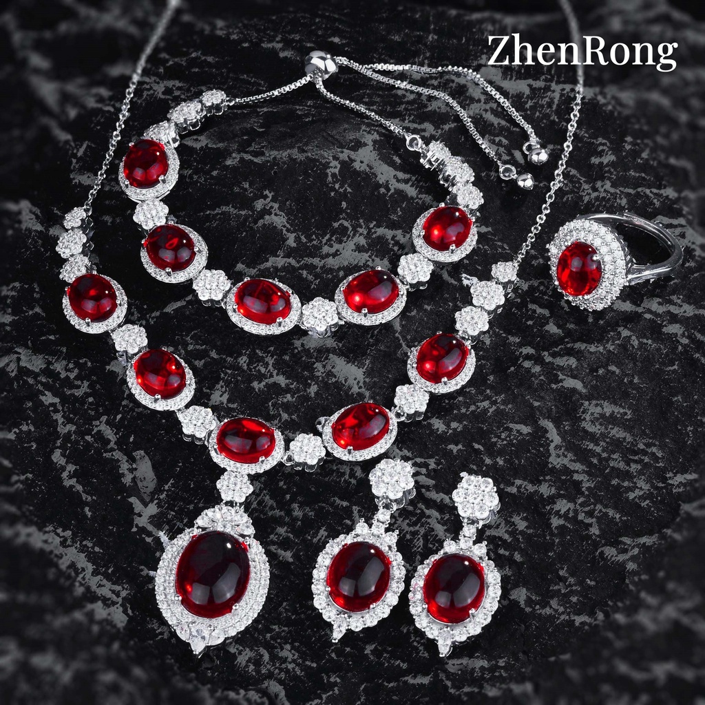 Goldkingdom Aksesoris Perhiasan Fashion Ready Stock Merpati Halus Ruby Merah Set Telur Burung Merpati Zirkon Gelang Warna-Warni Anting Cincin Teleskopik Gelang.