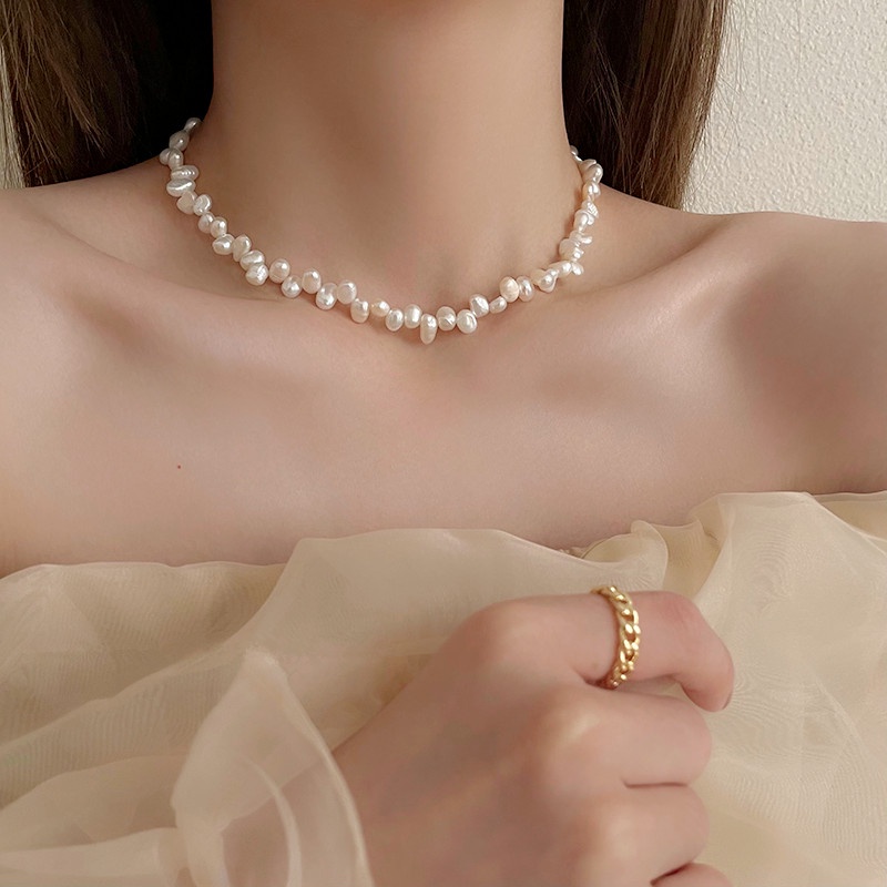 Roselife Baroque Irregular Pearl Beaded Choker Necklace Untuk Wanita Gadis Chic Rantai Tulang Selangka Kalung Pendek Perhiasan Aksesoris
