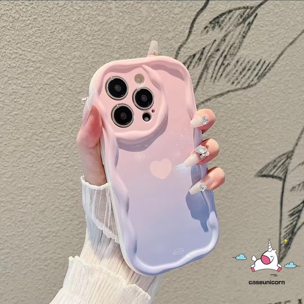 IPHONE Casing Case Tepi Melengkung 3D Bergelombang Macaron Candy Color Gradient Kompatibel Untuk Iphone11 Pro Max 7Plus XR X XS Max 14 13 12 Pro Max 6 6s 7 8 Plus SE 2020 Simple Love Heart Soft Tpu Cover