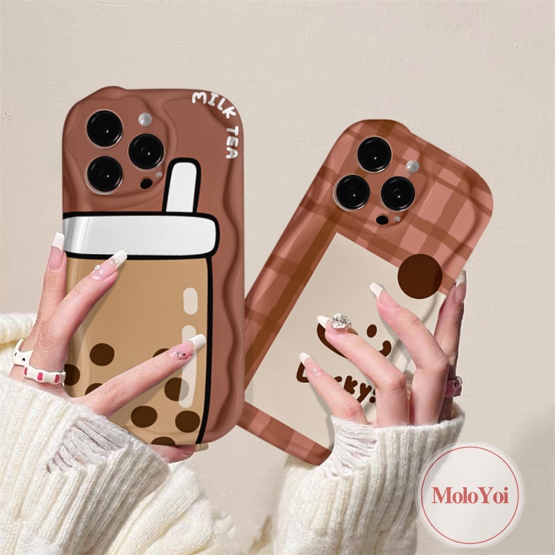 IPHONE Kartun Milk Tea Cute Smiley Back Case Kompatibel Untuk Iphone11 12 14 13 Pro Max XR X XS Max 7Plus 8 6s 7 6 Plus 8Plus SE 2020 Kreatif 3D Wavy Curved Edge Phone Soft Tpu Cover