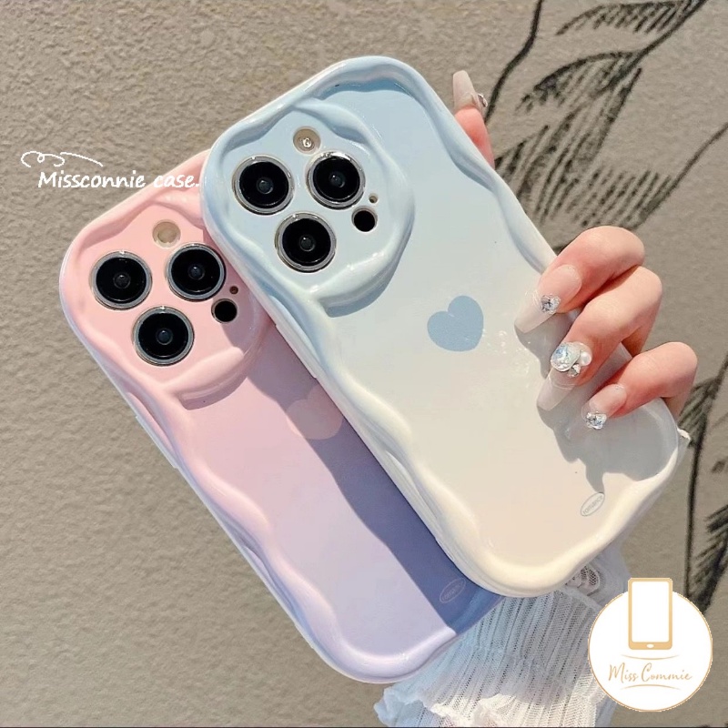 IPHONE Case Warna Permen Macaron Sederhana Kompatibel Untuk Iphone11 Pro Max 7Plus XR 14 13 12 Pro Max 6 6s 7 8 Plus X XS Max SE 2020 Gradiasi Cinta Hati 3D Tepi Bergelombang Melengkung Lembut Tpu Cover