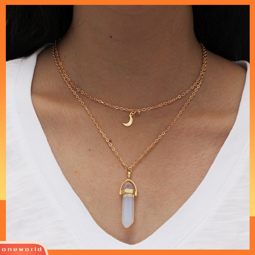 [ONE] Liontin Kalung Double Layer Adjustable Panjang Multifungsi Wanita Bulan Sabit Batu Perhiasan Pendant Necklace Untuk Pesta Pernikahan Club