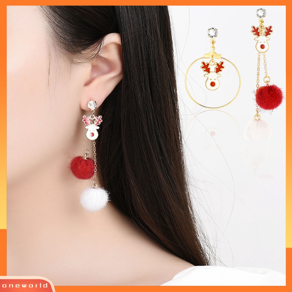 [ONE] 1pasang Anting Pejantan Asimetris Berlian Imitasi Mengkilap Merah Putih Pompom Cincin Besar Hadiah Lucu Natal Elk Drop Earrings Perhiasan Fashion