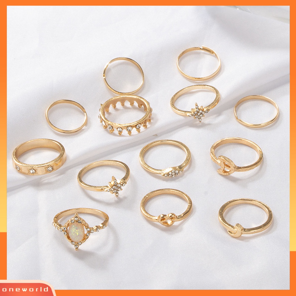 [ONE] 13pcs/set Cincin Fashion Berlian Imitasi Bersinar Mahkota Bulan Bintang Knuckle Ring Untuk Pesta