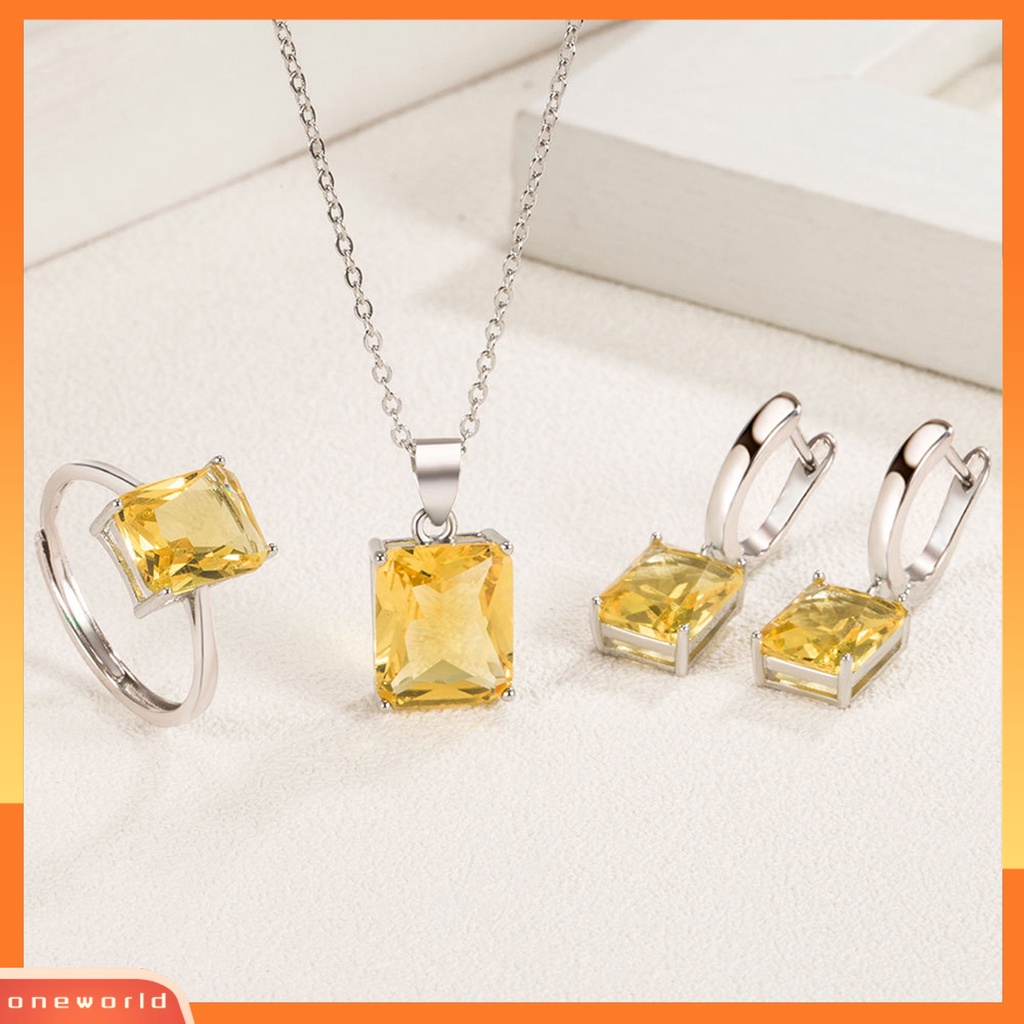 [ONE] 4pcs/set Jari Cincin Bentuk Persegi Panjang Shiny Charming Cubic Zirconia Vintage Pendant Dress Up Anti Karat Wanita Mewah Berlian Imitasi Kalung Hoop Earrings Perhiasan Aksesori