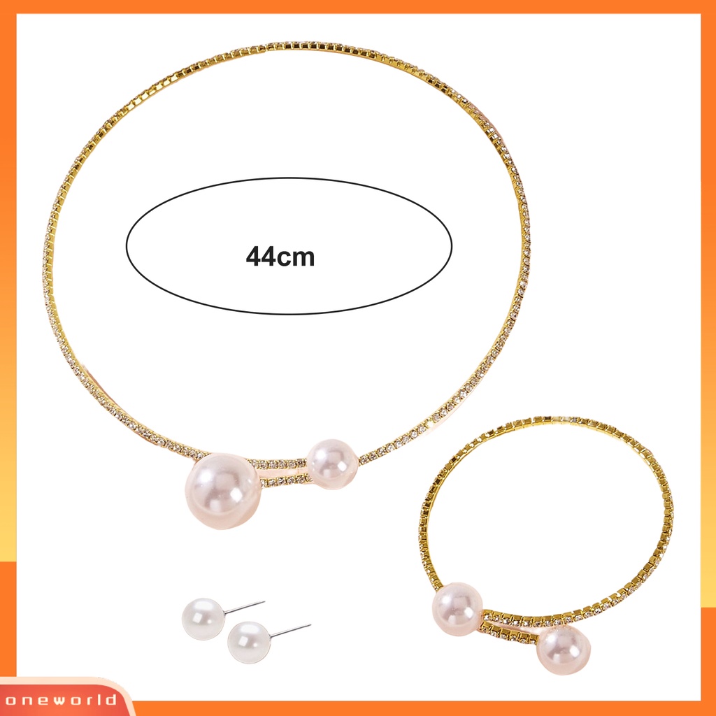 [ONE] 1set Perhiasan Wanita Set Mutiara Imitasi Dipoles Warna Kontras Pembukaan Berlian Imitasi Tubuh Dekorasi Adjustable Ear Stud Klavikula Kalung Perhiasan Set Wanita Perhiasan