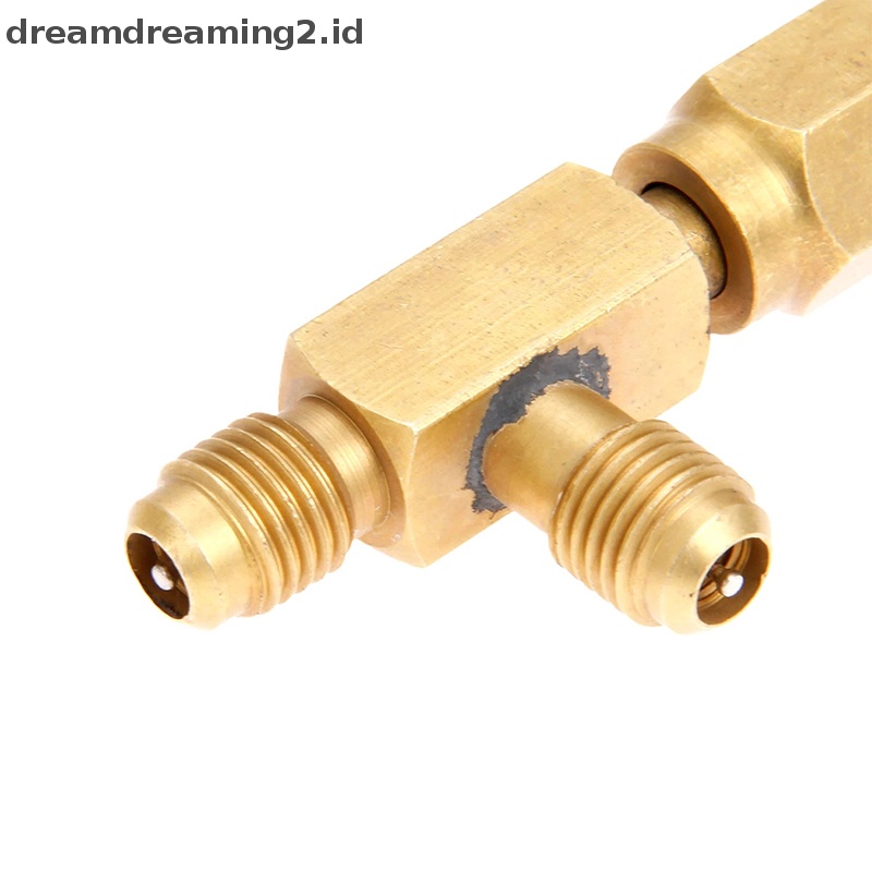 (drea) 1pc Konverter Adapter Tee Kuningan1/4&quot; Male And Female Konektor Putar Flare SAE W/ Valves Core //